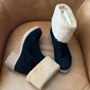 Black and Tan Shearling Boots